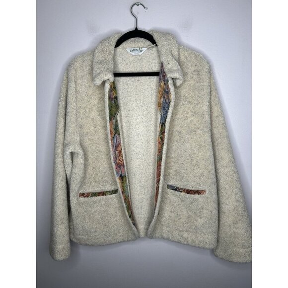 Orvis Sherpa Cardigan Womens Tapestry Floral Trim Fleece Cozy Bohemian Medium - Picture 9 of 9